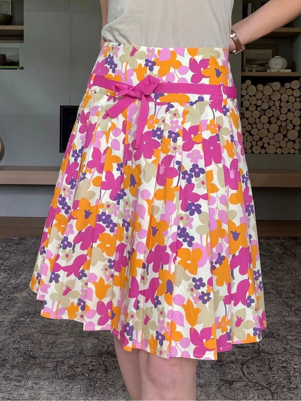 Vintage 100% cotton Floral Pleated A-Line Skirt with ribbon tie size 8 - Picture 1 of 12